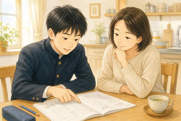 思うように伸びなかった模試の答案を、保護者と一緒に落ち着いて見直している中学生