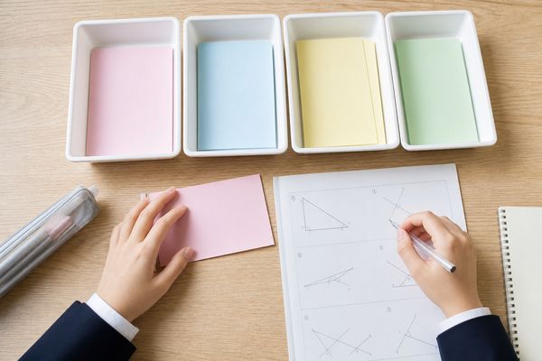 中学生が模試の問題用紙を見ながら、間違えた原因ごとにカードを4つのトレーへ仕分けしている手元