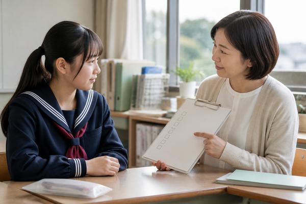 放課後の明るい教室で、制服の中学生が教科担当の先生に観点別評価について相談している様子