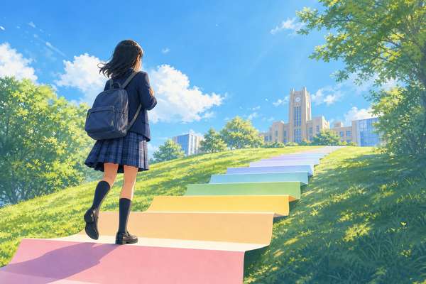 青空の下、色とりどりの階段を一段ずつ上って丘の上の大学校舎へ向かう制服姿の高校生を描いたイラスト