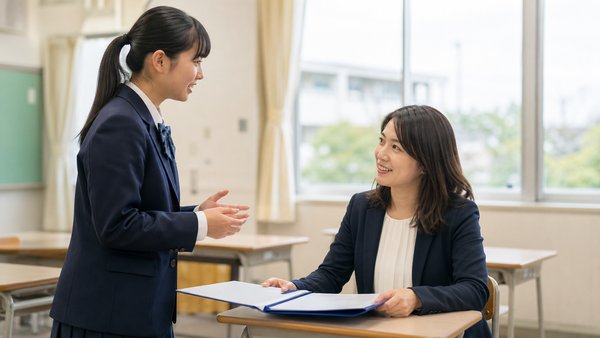 放課後の教室で女性教師に評定の上げ方を具体的に質問する制服の中学生