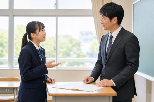 明るい教室で、制服姿の中学生が教科担当の先生へ評定の材料になった観点をたずねている場面