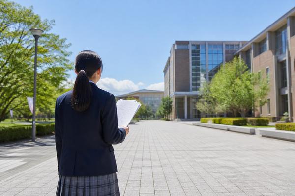 晴れた大学キャンパスで、制服の高校生が過去問の束を手に校舎を見つめている後ろ姿