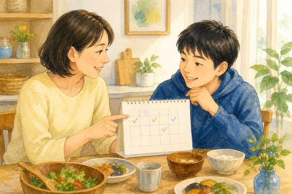 一週間続けられた印の付いたカレンダーを見ながら、食卓で穏やかに振り返る中学生と保護者