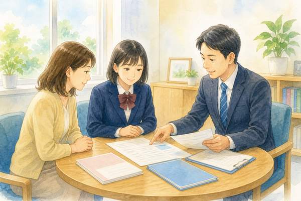 明るい面談室の丸テーブルで、制服の女子高校生と私服の母親、スーツ姿の進路担当の先生が、出願書類を広げて一緒に確認している様子