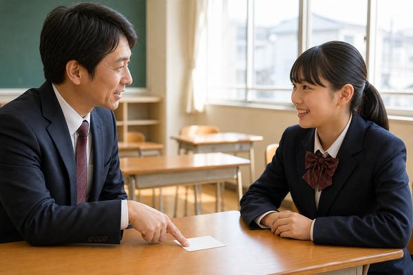 放課後の明るい教室で、スーツ姿の教師が机上の小さな白いカードを指さし、向かい合った制服の女子中学生が笑顔で聞いている様子