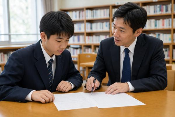 図書室で先生と一緒に、志望校の募集要項と模試の判定資料をペンで指しながら確認する中学生