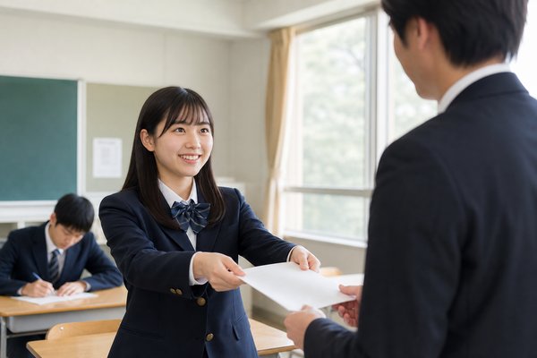 制服の生徒が授業後に小テストの答案を先生へ手渡し、次の評価機会を活かす場面