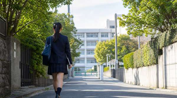 朝の通学路を学校へ向かって歩く制服姿の高校生の後ろ姿