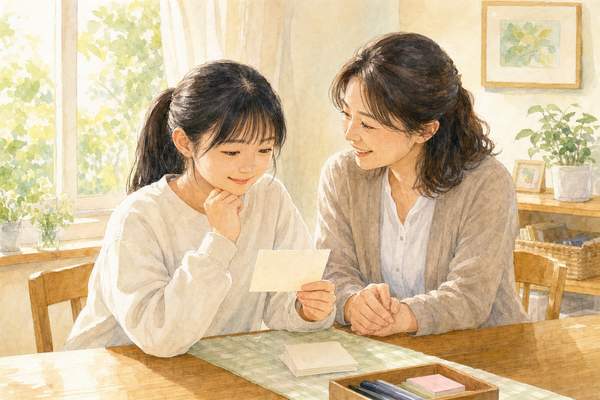 自宅のテーブルで母親と一緒にメモを見ながら、次にやることを決める中学生のイラスト