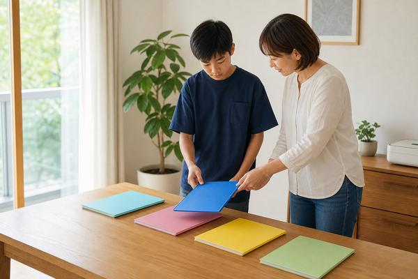 自宅のテーブルで色違いのファイルの中から1冊を選ぶ中学生と母親