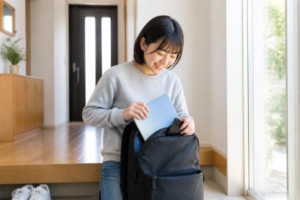 勉強道具とスマートフォンをかばんに入れて出かける準備をしている高校生