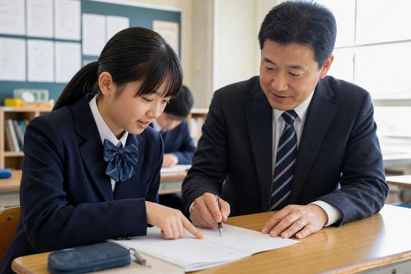 放課後の明るい教室で、生徒が指さした答案の途中式を先生が赤ペンで添削している場面