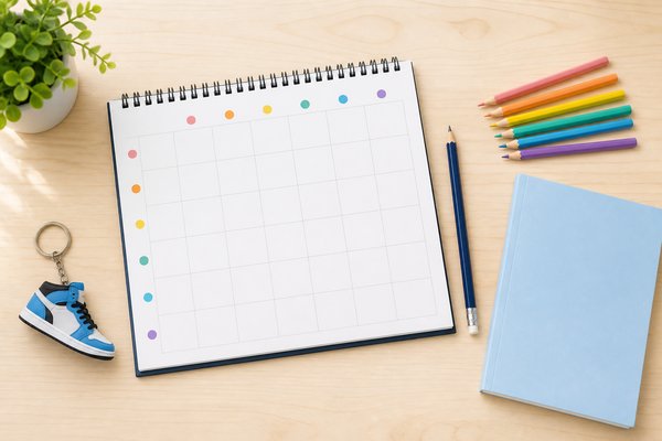 明るい机に置かれた予定表と色鉛筆、参考書、運動靴のキーホルダーを真上から写した様子