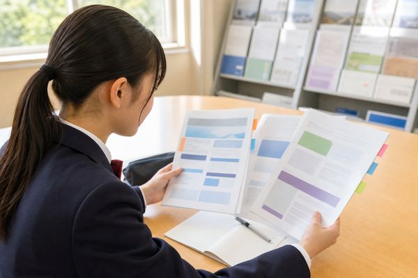 制服の高校生が進路指導室で複数の大学の募集要項を見比べ、付箋で確認している様子