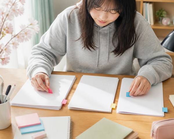 入試を終えた中3の生徒が自宅の机で、返ってきた答案の間違いを3色の付箋で分類している様子