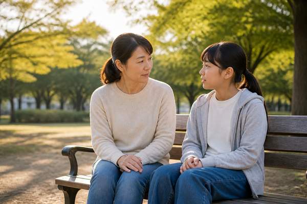 夕方の公園のベンチで、保護者と私服の中学生が並んで穏やかに話している様子