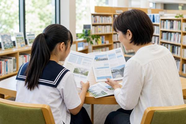 保護者と制服姿の中学生が、高校入試の地域資料やパンフレットを並べて一緒に確認している様子
