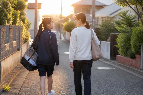部活動を終えた中学生が、夕方の住宅街を保護者と並んで話しながら歩いて帰宅している後ろ姿