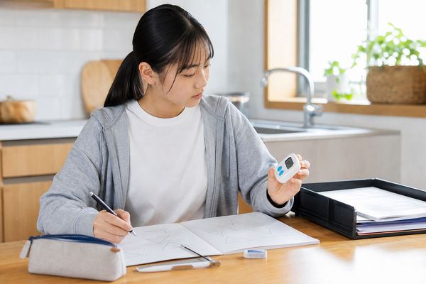 中学生が自宅のテーブルでタイマーを手に持ち、図形問題のノートに取り組んでいる様子