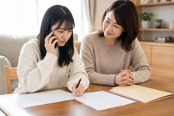 自宅で母親と一緒に電話で追試の申請手続きを問い合わせる女子高校生