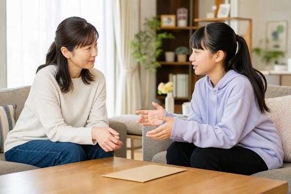 通知表を伏せたまま、母親が私服の子どもの話を静かに聞くリビングでの対話