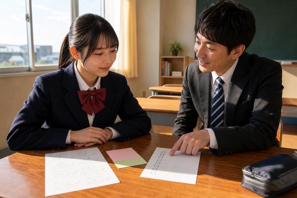 放課後の教室で、制服の女子高校生と向き合ったスーツ姿の先生が、机に置いたチェックリストの一つの項目を指差しながら次にやることを伝えている様子
