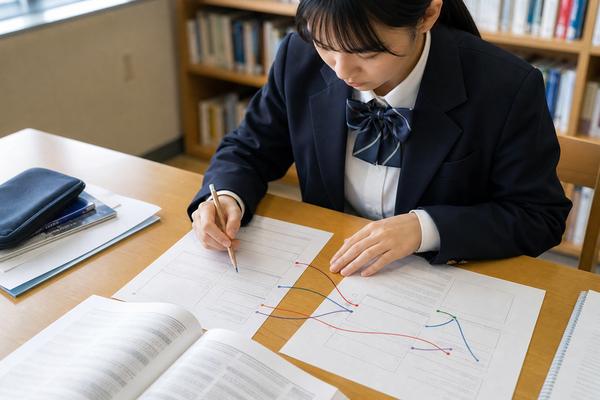 書き終えた答案から資料のグラフへ色分けした矢印を引き、根拠の場所を確かめている高校生
