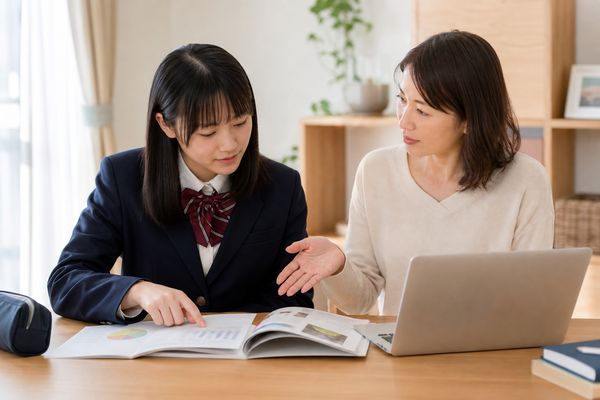 高校生と保護者が明るいダイニングで、募集要項とノートパソコンを一緒に開いて次にやることを確認している様子