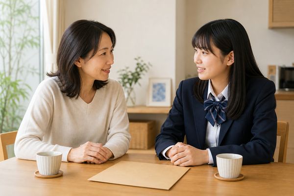 ダイニングテーブルで並んで穏やかに話す母親と制服姿の娘