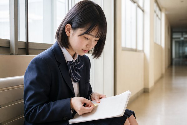 模試を終えた高校1年生が、校舎の廊下のベンチで問題用紙の迷った箇所に付箋で印を付けている様子
