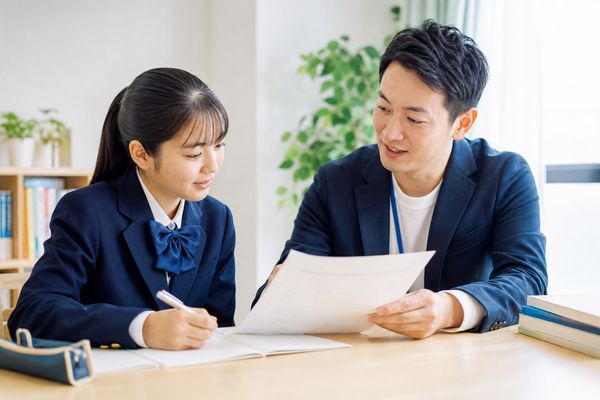 制服の中学生が講師と一緒に返却された答案を見直している様子