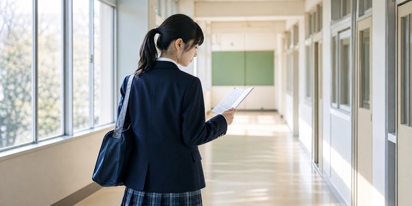 テスト当日の朝に明るい校舎の廊下でノートの要点を確認する制服の中学生