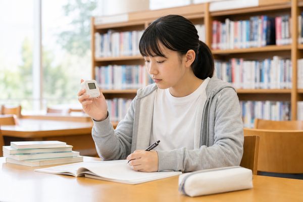 図書館で私服の中学生がタイマーで時間を計りながら問題を解く様子