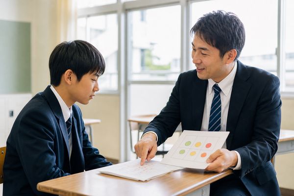 教室で教科担当の先生が観点別評価の表を示しながら、どの観点が不足しているかを中学生に説明している様子