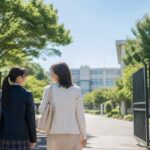 高校の正門から校内へ向かい、学校の雰囲気を確かめに行く中学生と母親