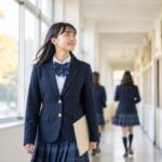 秋の明るい校舎の廊下で、通知表を手にした中3の生徒の表情がほぐれている様子
