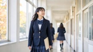 秋の明るい校舎の廊下で、通知表を手にした中3の生徒の表情がほぐれている様子