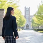 数学の参考書を抱えた制服の女子高生が、朝の光が差す大学の正門前に立っている様子