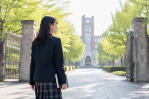 数学の参考書を抱えた制服の女子高生が、朝の光が差す大学の正門前に立っている様子
