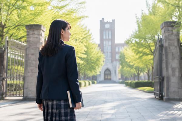 数学の参考書を抱えた制服の女子高生が、朝の光が差す大学の正門前に立っている様子