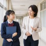 明るい校舎の廊下で、成績ファイルを抱えた制服姿の女子高校生が女性教員の説明を聞いている様子