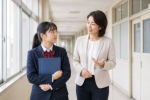明るい校舎の廊下で、成績ファイルを抱えた制服姿の女子高校生が女性教員の説明を聞いている様子
