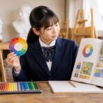 明るい美術室で色相環と美術資料を見比べる制服姿の中学生