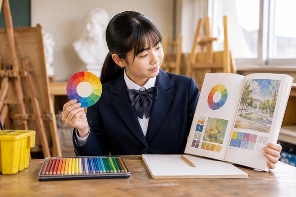 明るい美術室で色相環と美術資料を見比べる制服姿の中学生