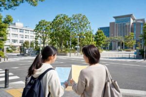 進路の分かれ道で高校と大学の資料を見比べる高校生と保護者
