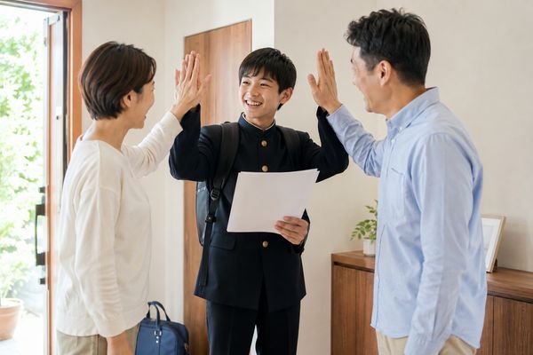 通知表を手に帰宅し、両親とハイタッチして喜び合う制服の中学生