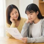模試の個人成績表を母親と一緒に見ながら結果を確かめている高校生