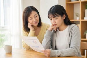 模試の個人成績表を母親と一緒に見ながら結果を確かめている高校生