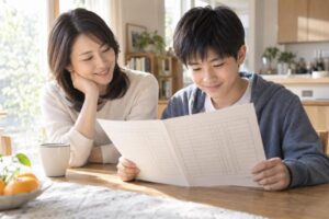 明るいダイニングで通知表を一緒に見る中学生と保護者